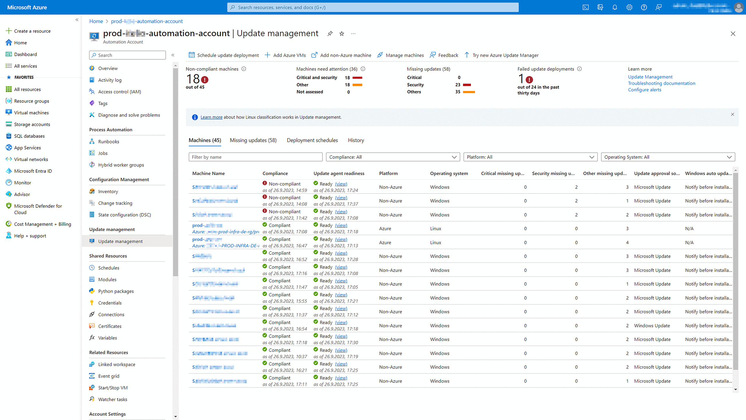 Azure Update Management management interface screenshot