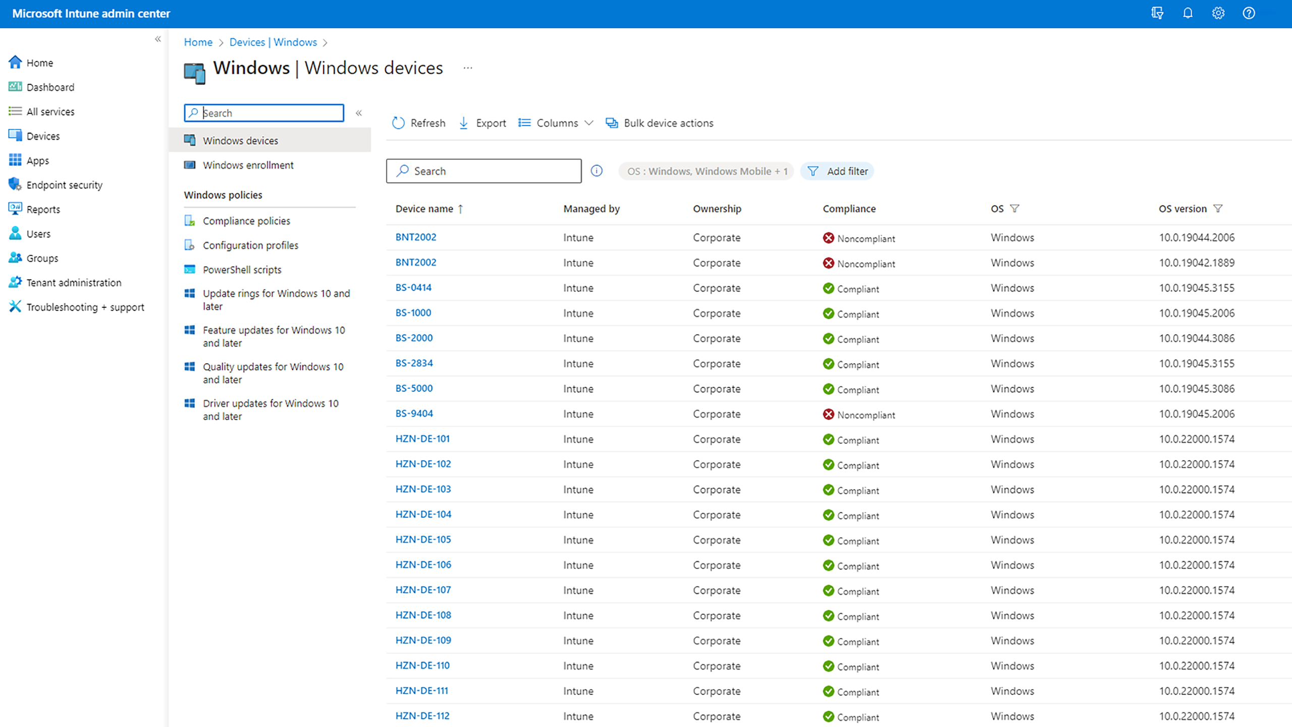 Overview of devices in the Microsoft Intune Admin Center