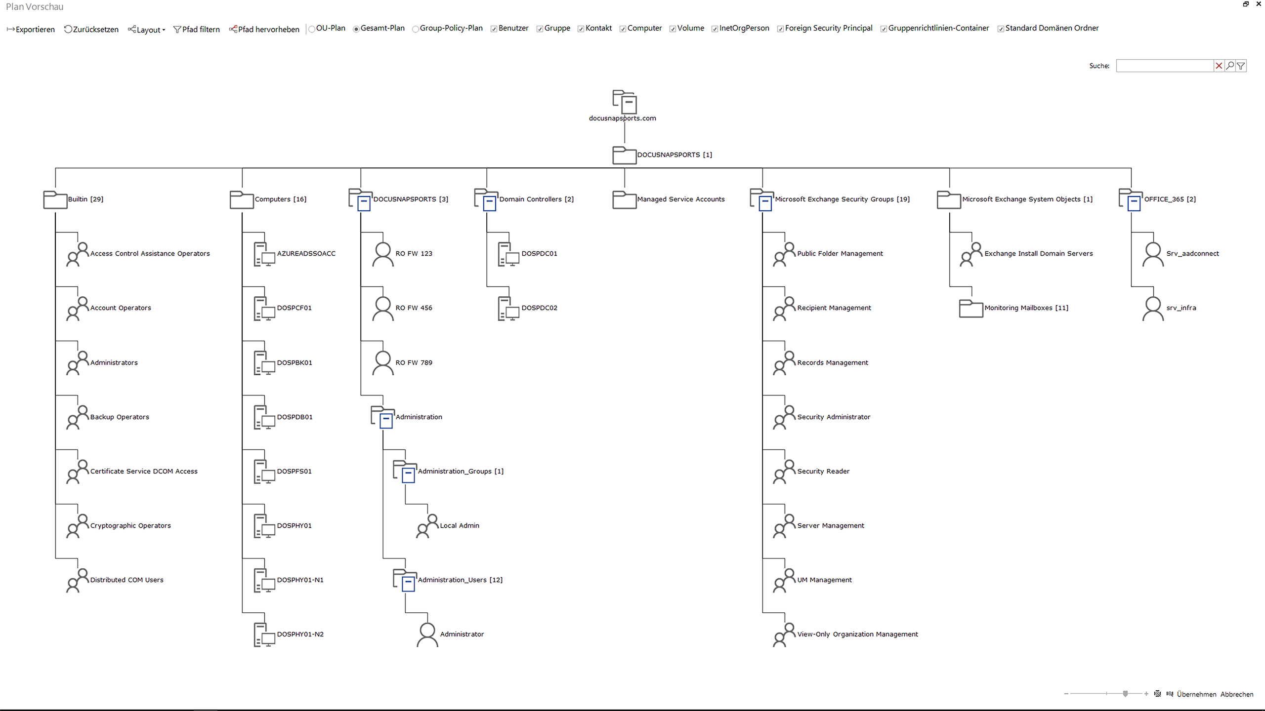 Screenshot of Docusnap Active Directory organizational units