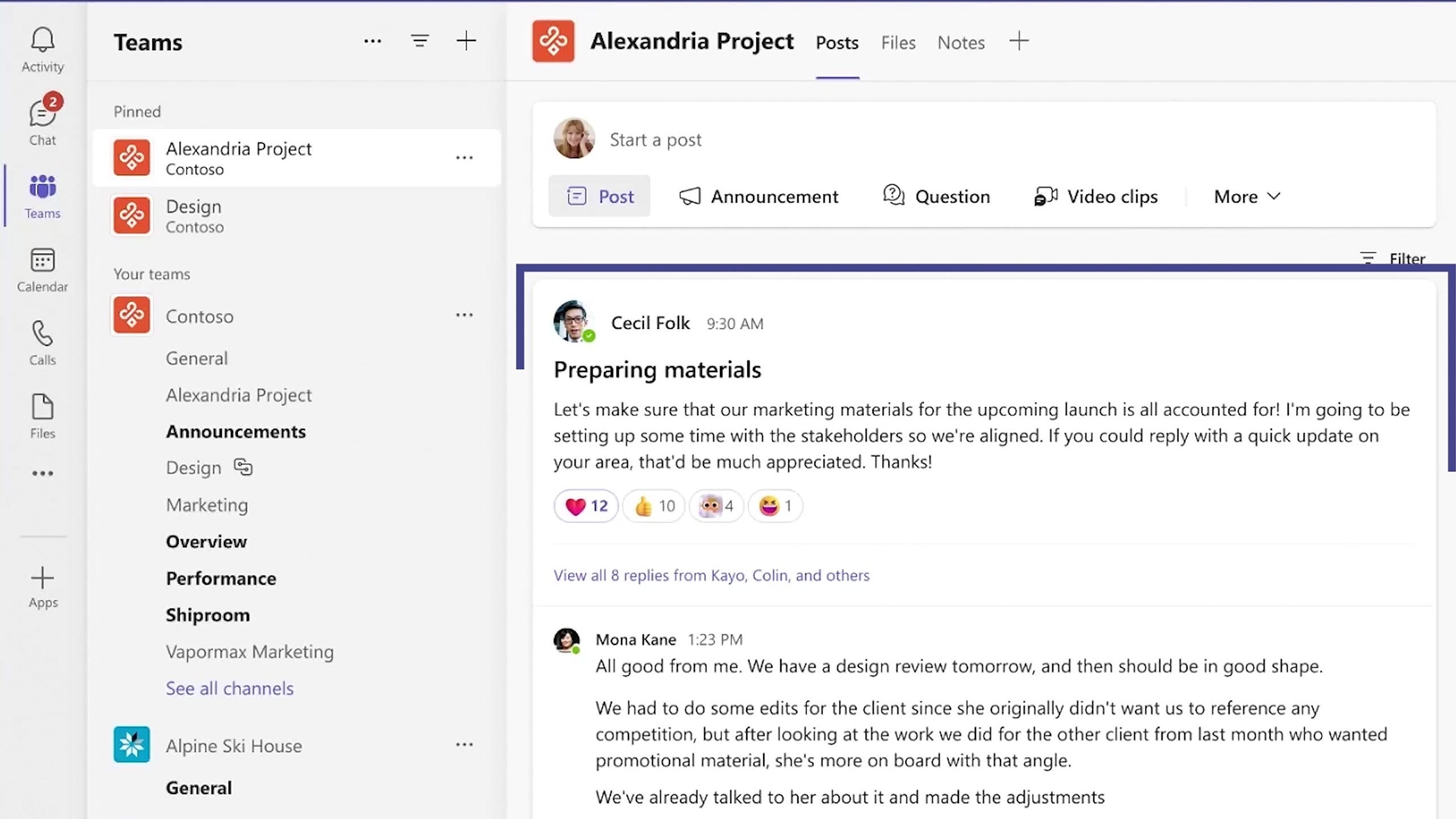 Microsoft Teams communication in channels screenshot