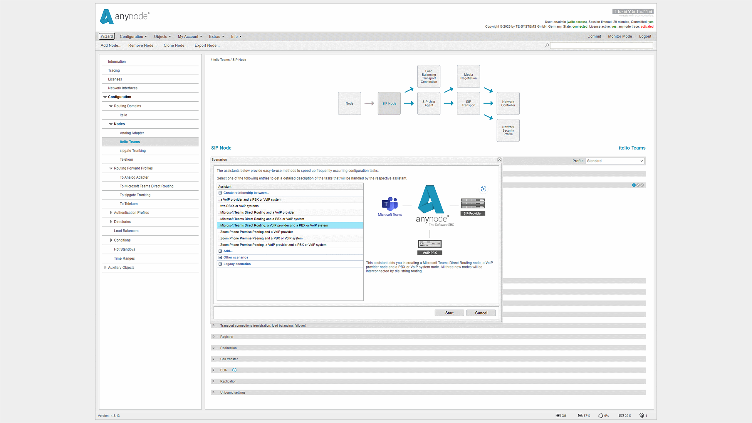 Teams telephony connection via anynode