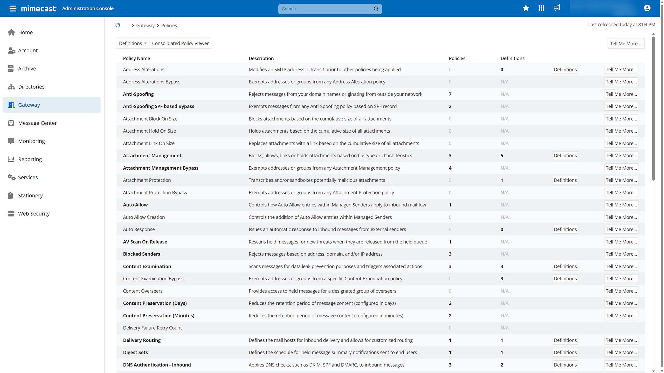 Configuring gateway policies in Mimecast
