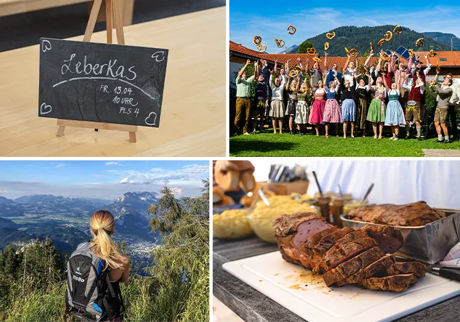Collage of images with regional references, such as ITELIO employees in costume, hiking in the mountains, Leberkas breakfast at the company headquarters in Kiefersfelden.
