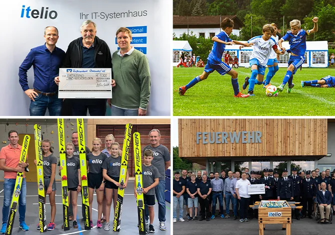 Collage of pictures with sponsorship recipients from itelio GmbH such as Kieferer Tafel, ASV Kiefersfelden, WSV Kiefersfelden and the Kiefersfelden Volunteer Fire Brigade.