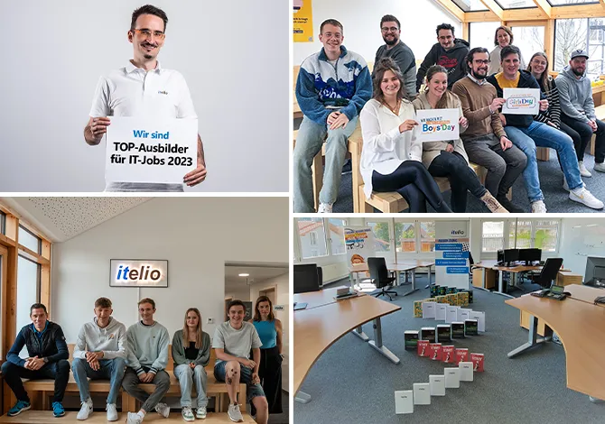 Collage of images with training and continuing education opportunities at itelio GmbH.
