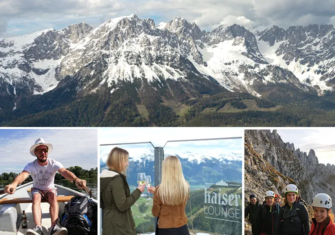 Collage with pictures from the region as well as from employees doing activities in the region, such as rowing or hiking.