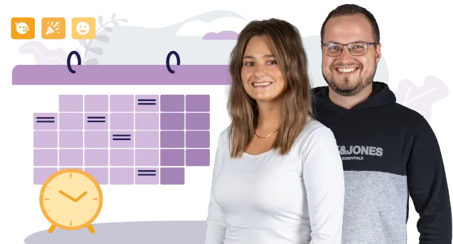 Eine Mitarbeiterin und ein Mitarbeiter vor einer grafischen Darstellung eines Eventkalenders.