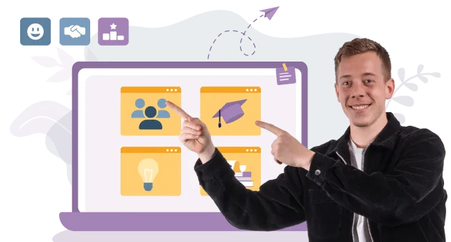 Ein Mitarbeiter vor einer Grafik mit Benefits und Entwicklungsmöglichkeiuten bei itelio GmbH.