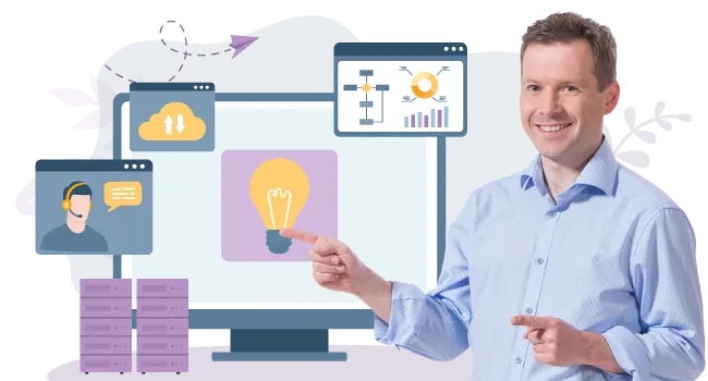 An employee in front of a graphic showing solutions for IT areas.