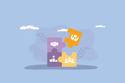 Grafik, die mithilfe von Puzzleteilen den starken Zusammenhalt des itelio-Teams darstellt.