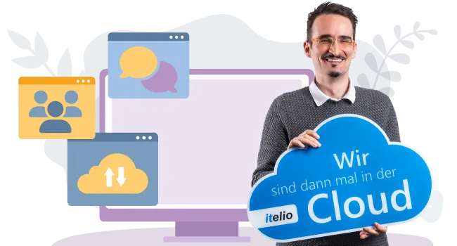 Headergrafik zum itelio Cloud Day mit itelio Mitarbeiter Daniel Häusler, der eine Wolke als Cloudsymbol in den Händen hält