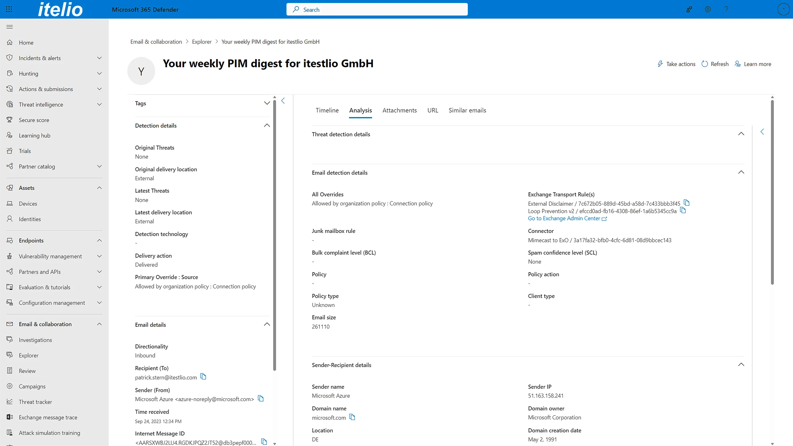 Screenshot of mail analysis in Exchange Online