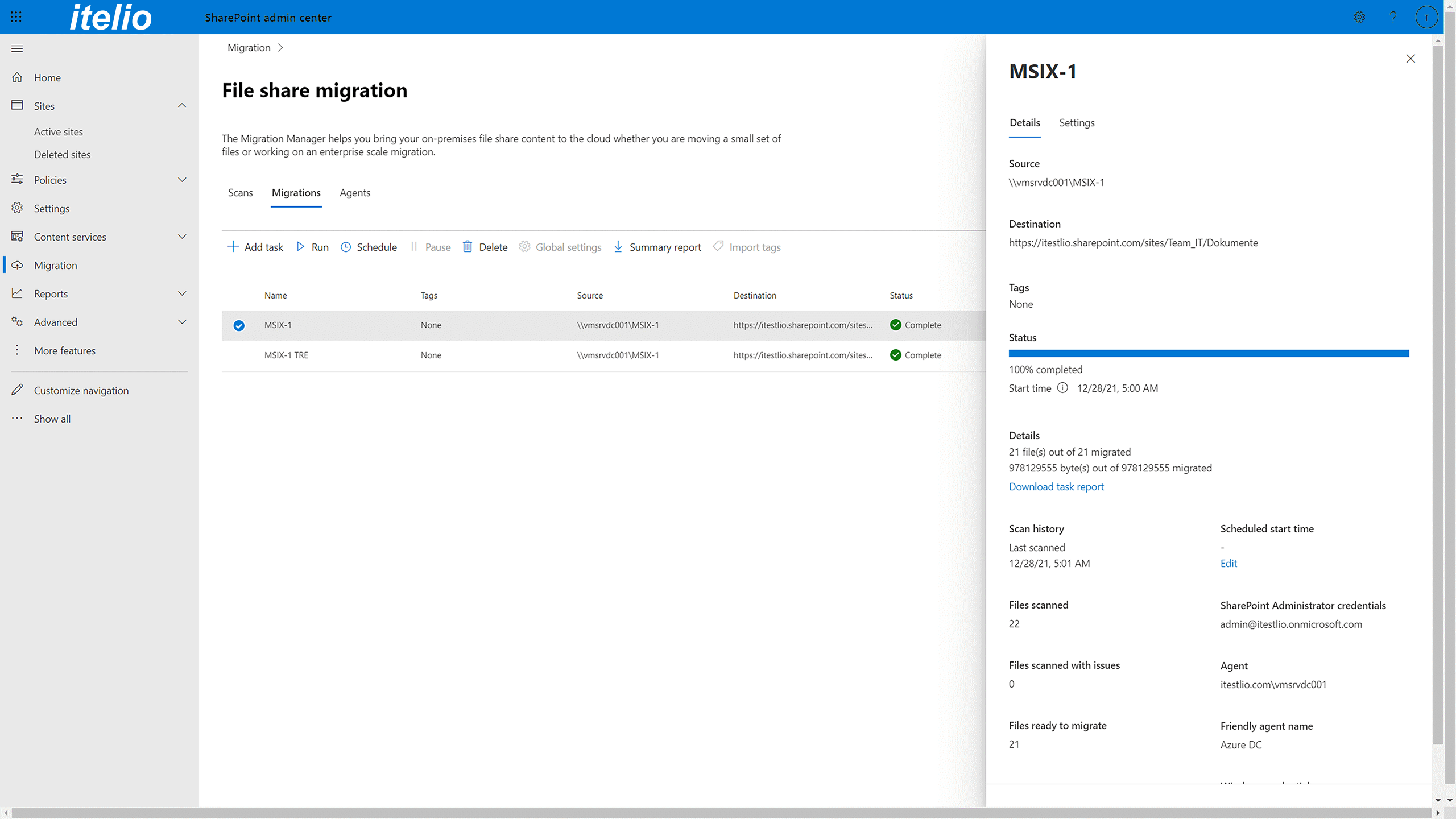 Screenshot of the evaluation of migration jobs in SharePoint Online