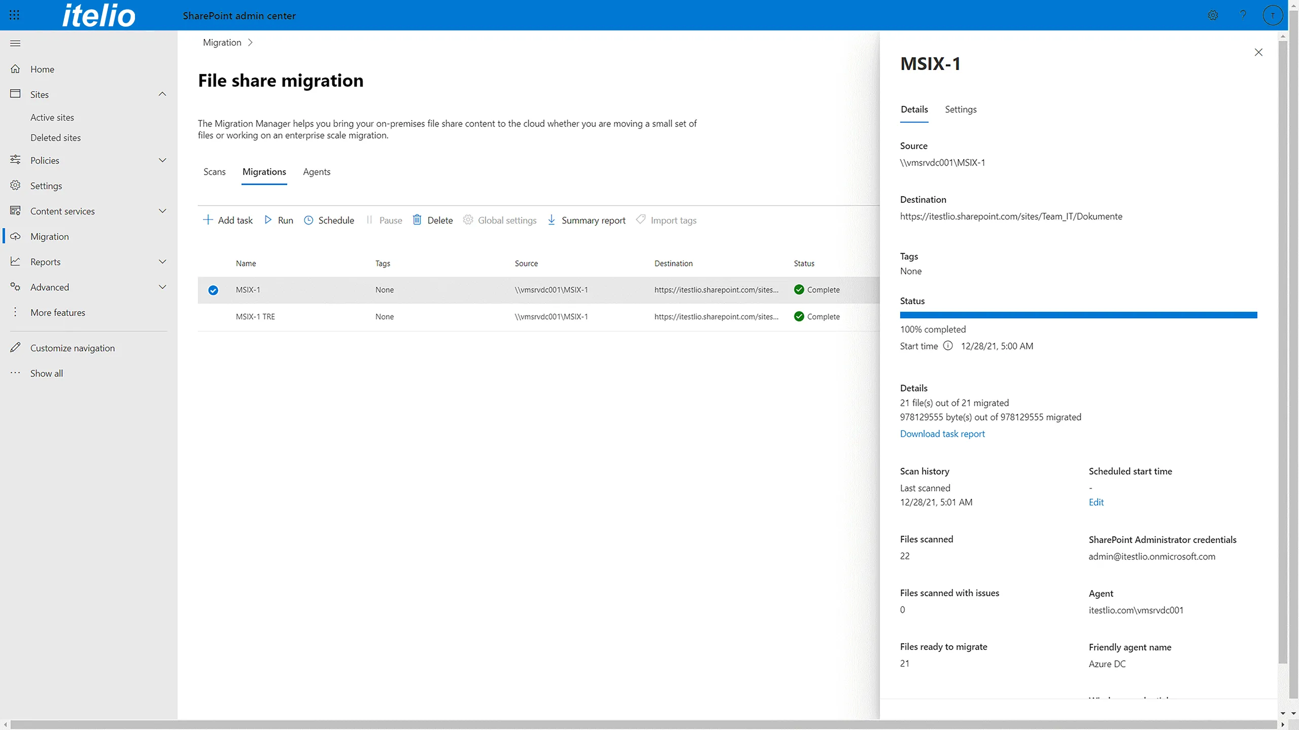 Screenshot of the evaluation of migration jobs in SharePoint Online 