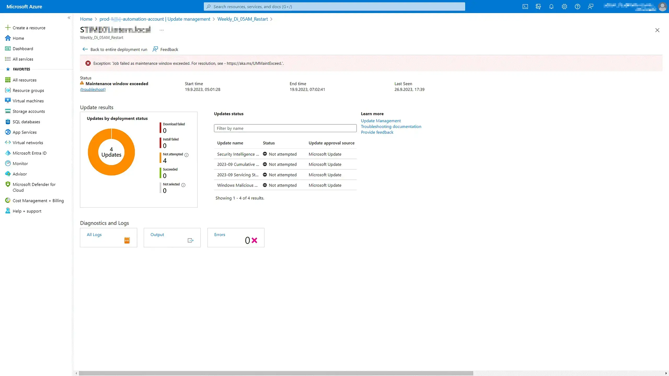 Fehlerbericht im Azure Update Management