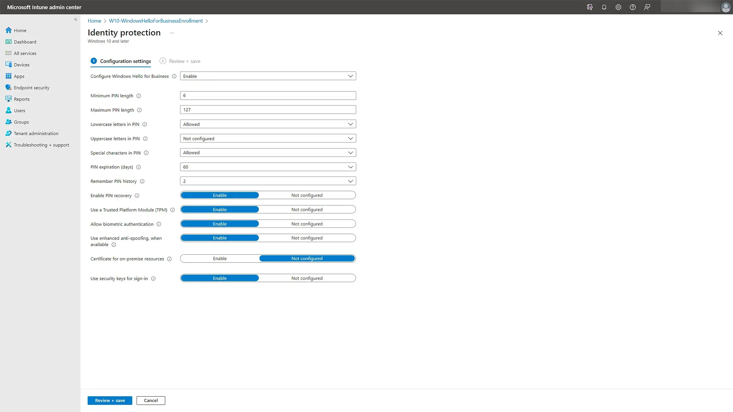 Richtlinienkonfiguration in Windows Hello for Business