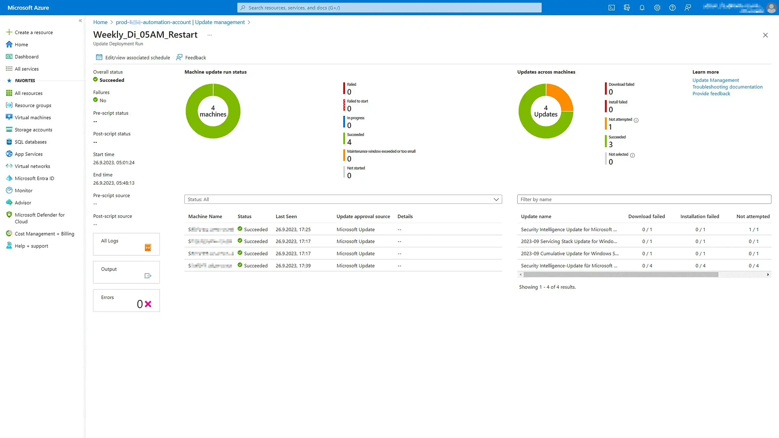 Auswertung einer Ausführung im Azure Update Management 