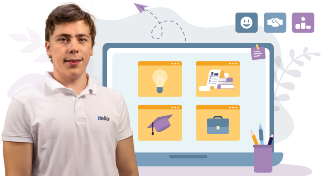 Ein Student vor einem Bildschirm -  von der Theorie in die Praxis mit itelio als Partner während dem Studium