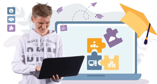 Headergrafik itelio Auszubildender der einen Laptop in seinen Händen hält