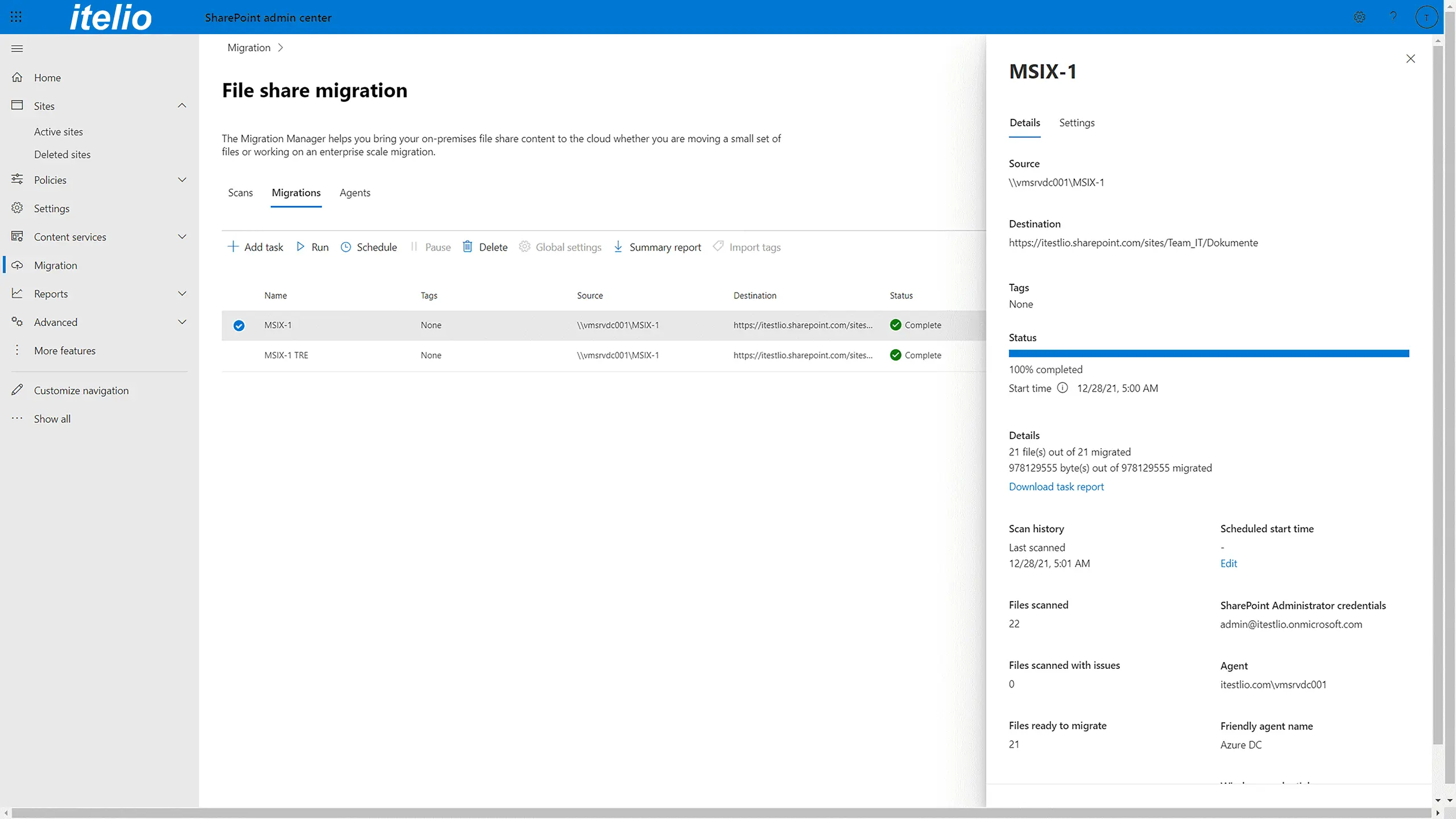 Screenshot der Auswertung von Migrationsjobs in SharePoint Online