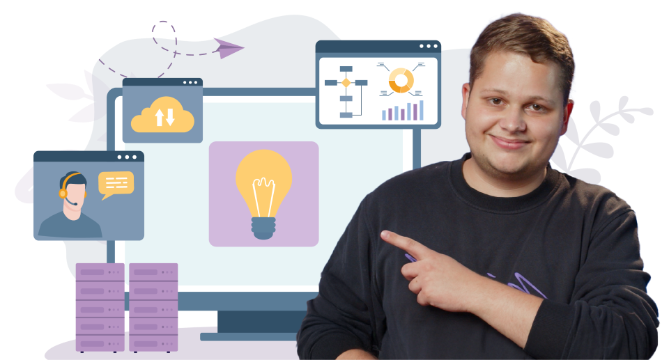 Ein Mitarbeiter vor einer Grafik mit Lösungen für IT-Bereiche.