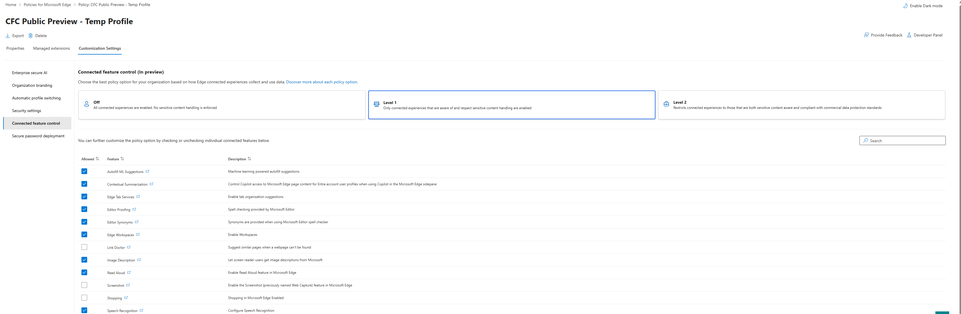 user settings