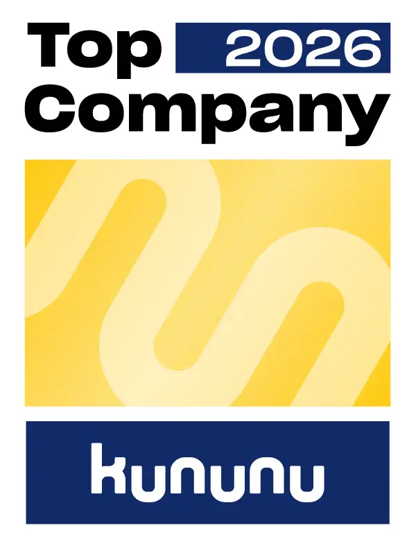 Kununu Top Company Auszeichnung 2026 mit gelbem geschwungenem Design.