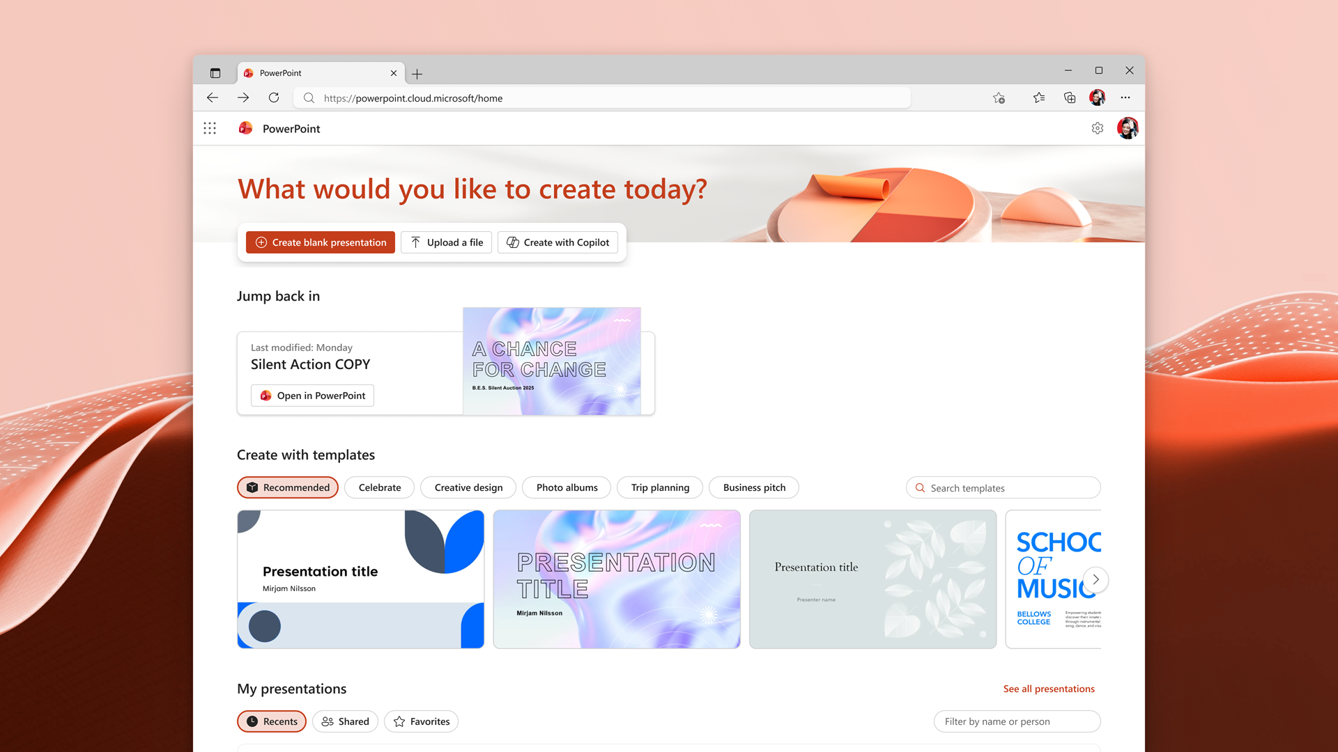 PowerPoint Homepage Copilot experience on the web.