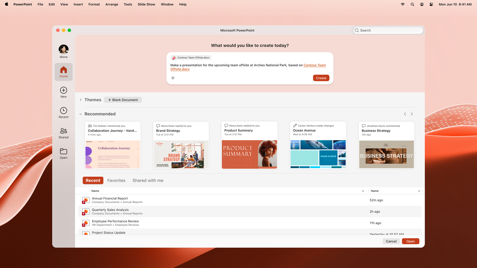 PowerPoint Homepage Copilot experience on Mac.
