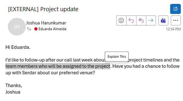 Email message with text highlighted and a button that says,