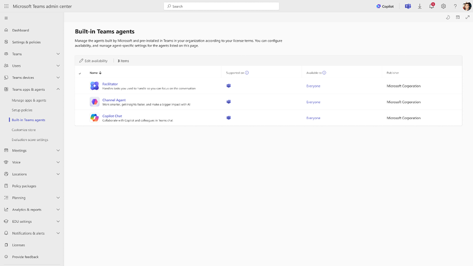 Screenshot der neuen Verwaltungserfahrung für eingebaute Teams-Agenten