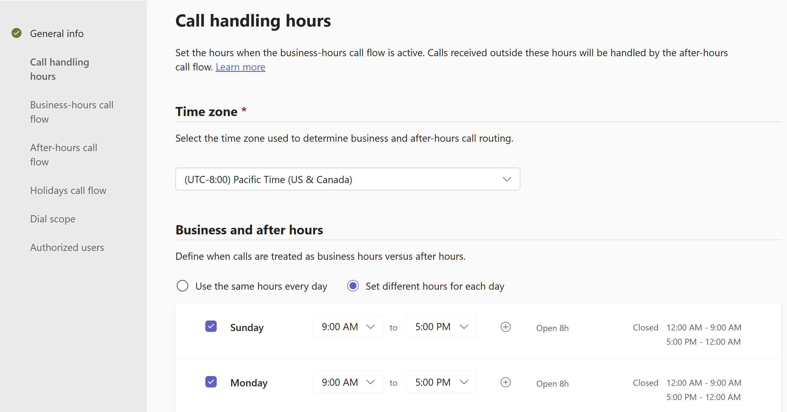 Screenshot 2 – Call handling hours und Navigationsfluss