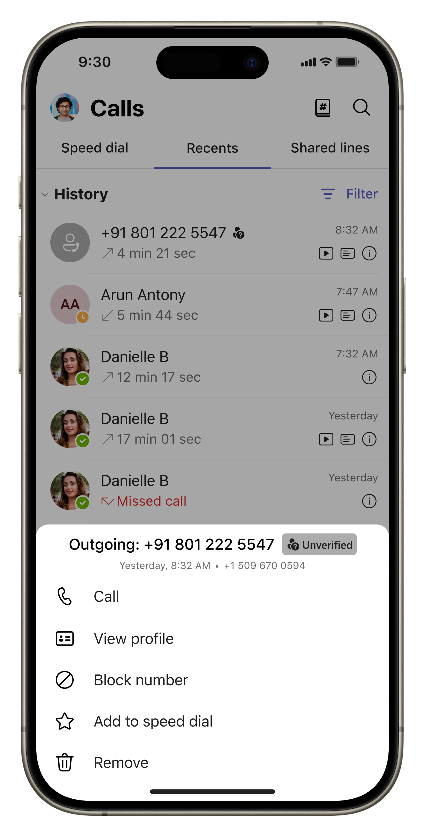Rückruf über ausgewählte Telefonleitung aus dem Anrufverlauf