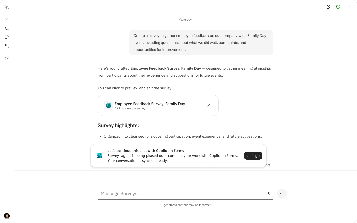 Chatbildschirm des Survey Agent für bestehende Benutzer