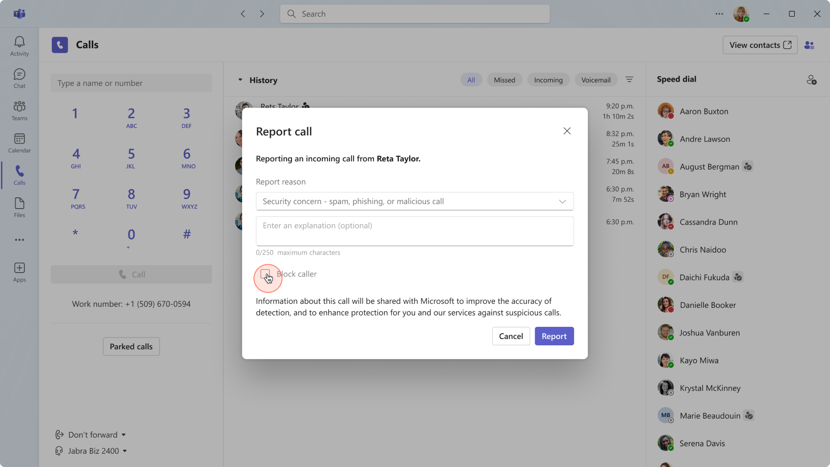 Screenshot der Anruf meldefunktion in Teams