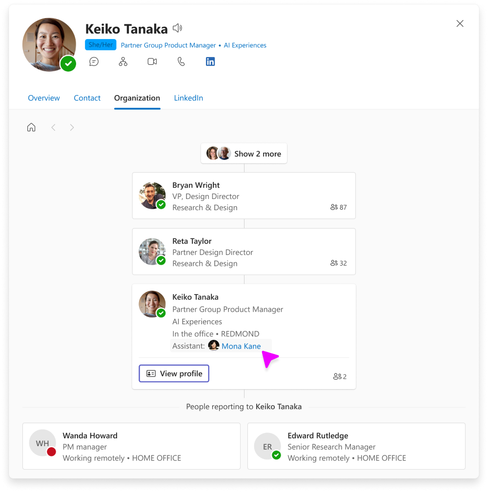 Ansicht des Assistenten im Organisations-Tab