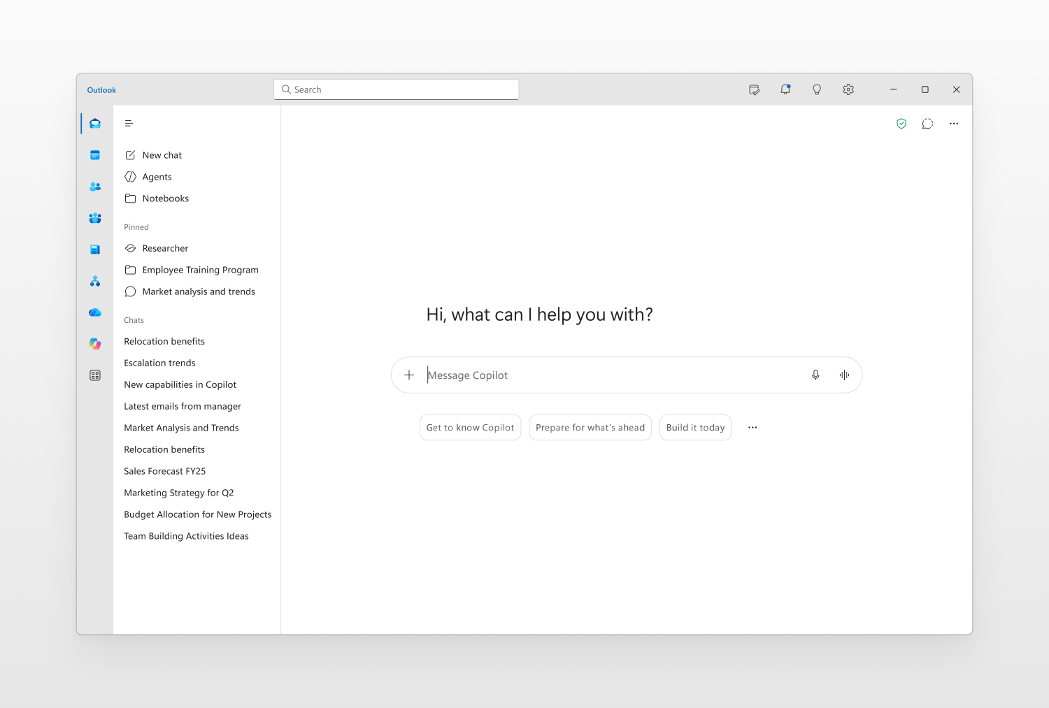 Screenshot der neuen Chat-Erfahrung in Outlook Copilot