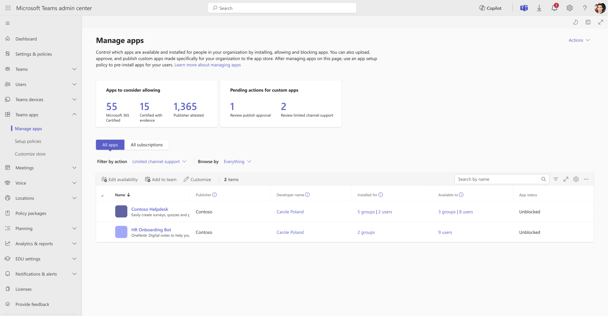 Teams Admin Center - Manage Apps