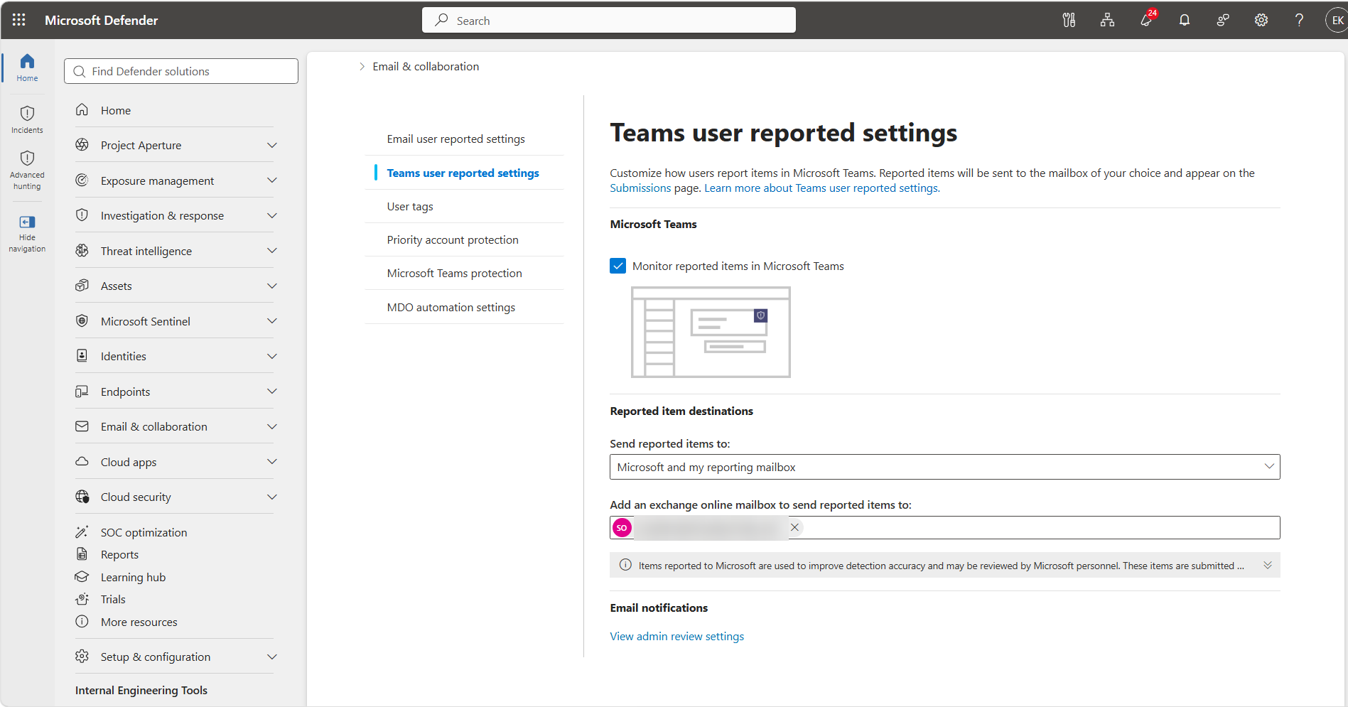 Teams user reported settings view
