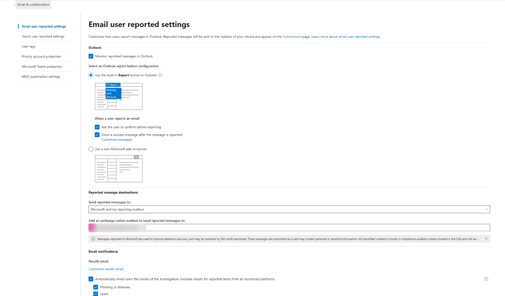 Email user reported settings view
